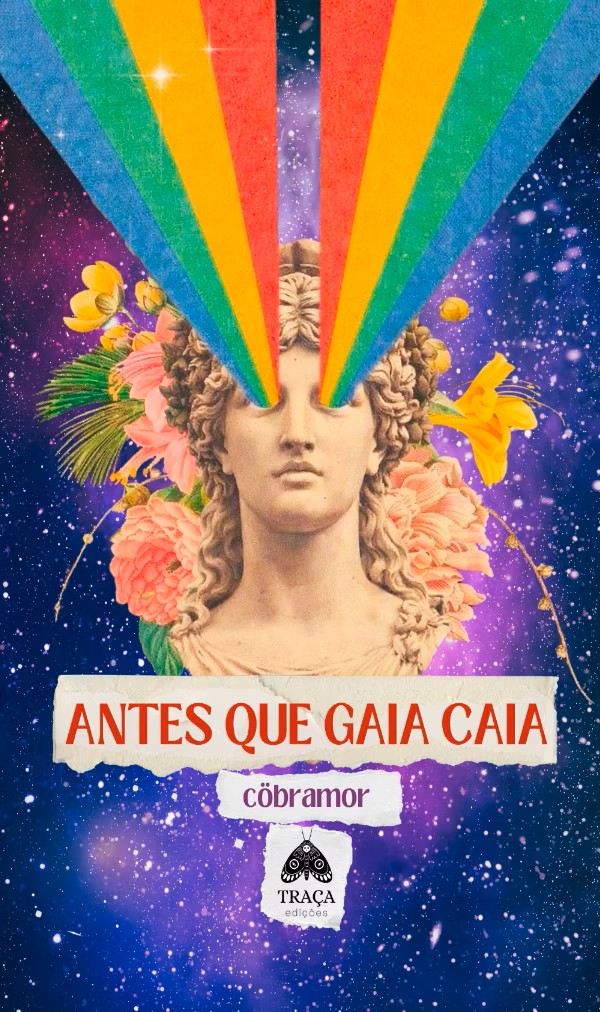 ANTES QUE GAIA CAIA Capa de livro com cabeça de estátua clássica, raios coloridos saindo dos olhos e fundo estrelado