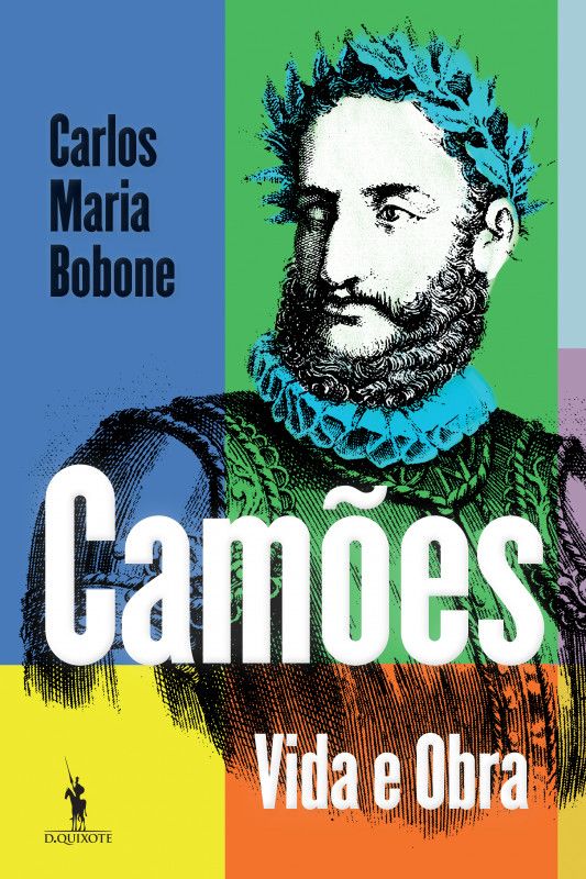 Camões - Vida e Obra Capa de livro colorida com ilustração de homem histórico e texto Camões Vida e Obra