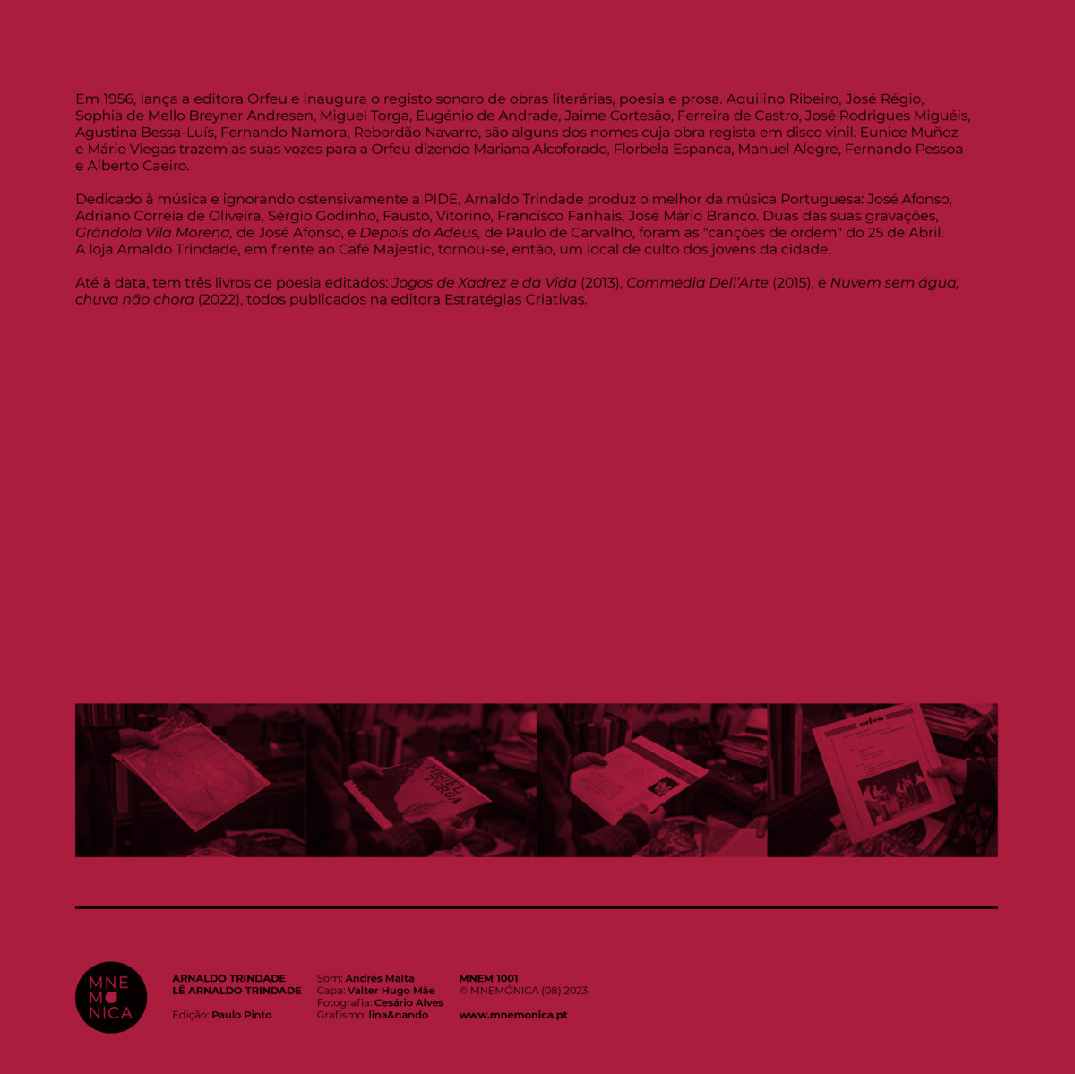 Arnaldo Trindade lê Arnaldo Trindade Texto em fundo vermelho escuro com imagens em faixa inferior mostrando caixas e materiais gráficos, com logos e informações no rodapé.