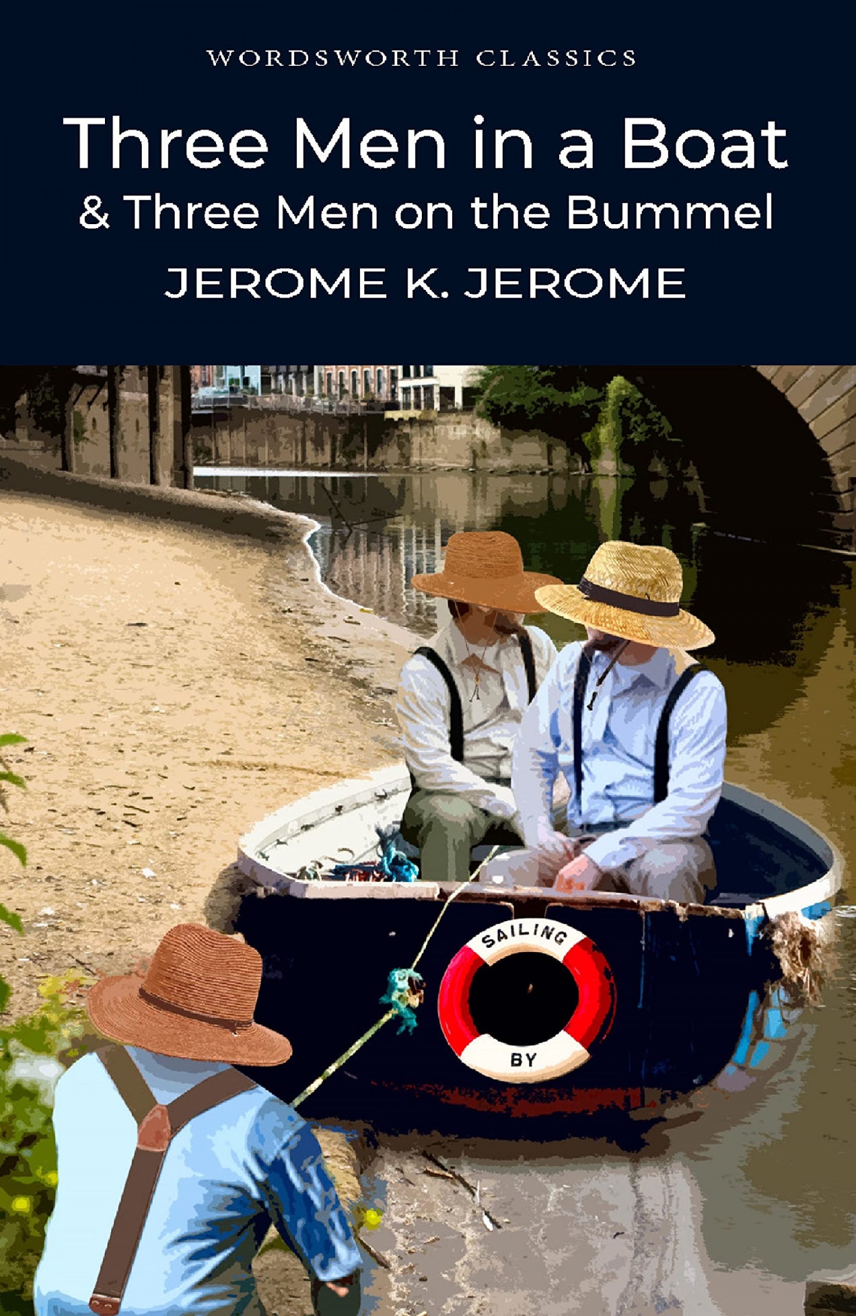 Three Men in a Boat & Three Men on the Bummel Capa do livro Three Men in a Boat com três homens num barco no rio