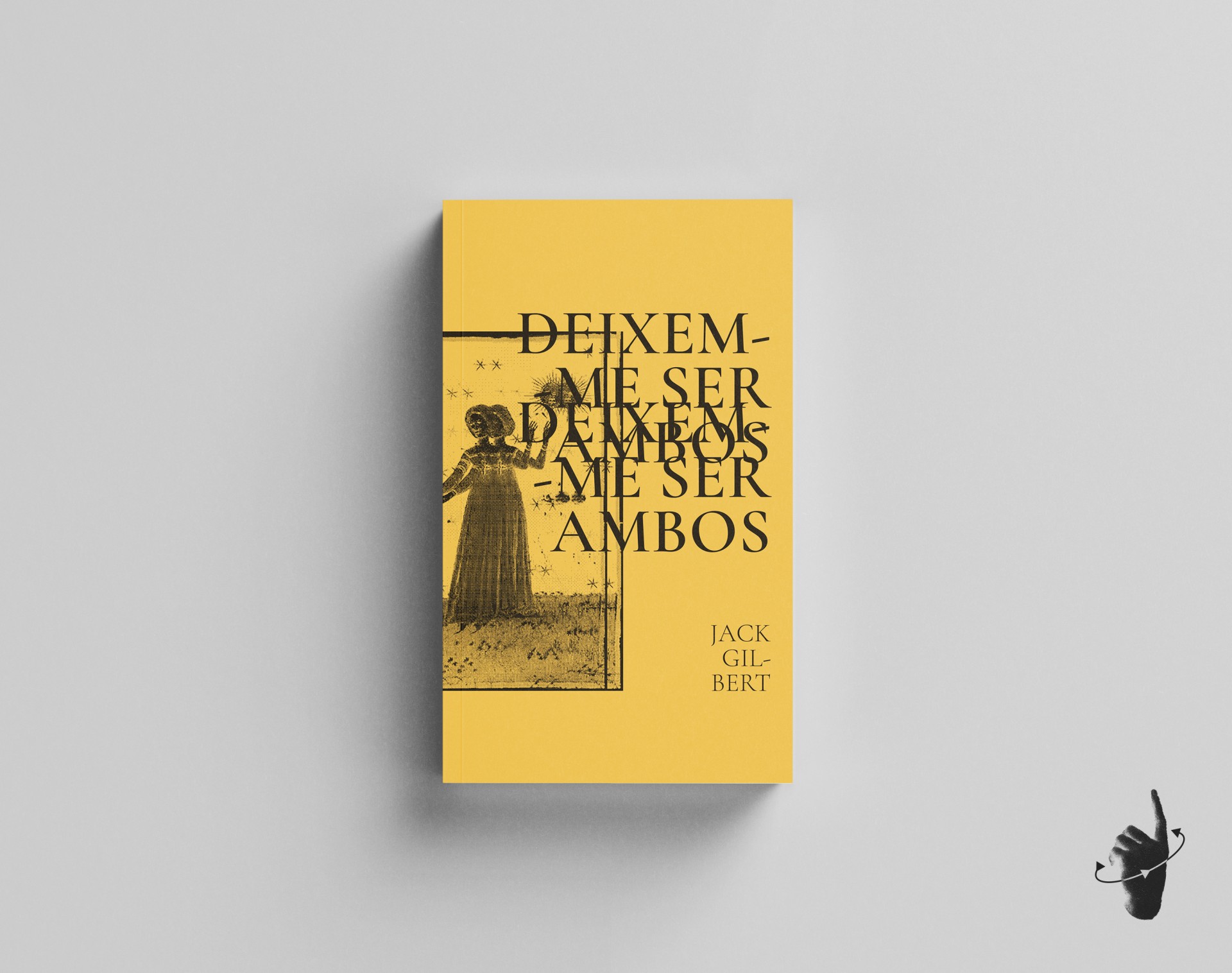 Deixem-me Ser Ambos Livro amarelo com título e autor em letras pretas e ilustração monocromática