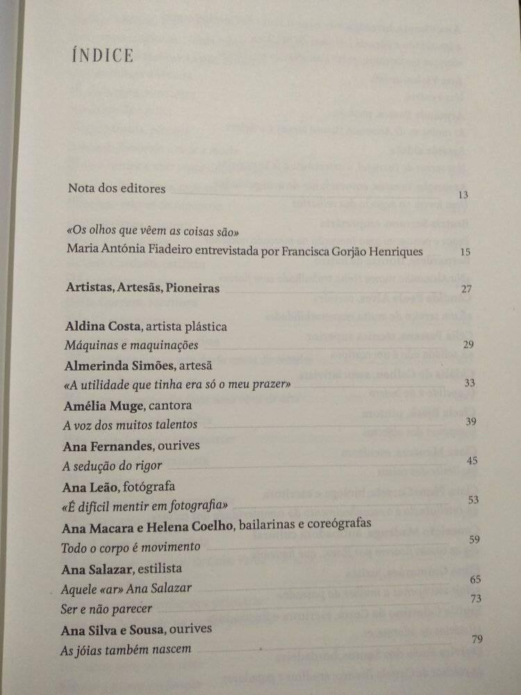Artistas, Artesãs, Pioneiras (nova edição) Página de índice de livro com lista de capítulos e autores em português