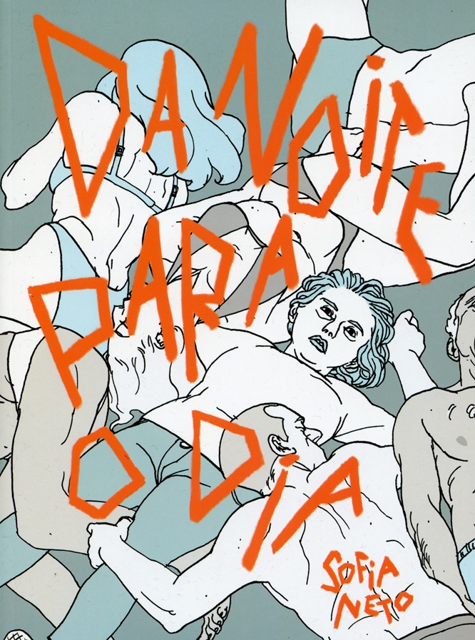 Da noite para o dia Ilustração de várias pessoas com texto em laranja DA NOITE PARA O DIA e assinatura SOFIA NETO.