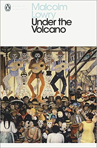 Under the Volcano Capa de livro com título e ilustração de figuras esqueléticas tocando violão
