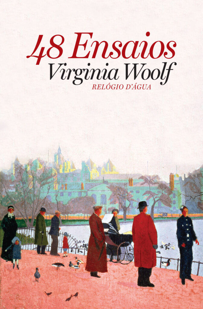 48 Ensaios Capa de livro '48 Ensaios' Virginia Woolf com ilustração de pessoas junto a um lago e edifícios ao fundo