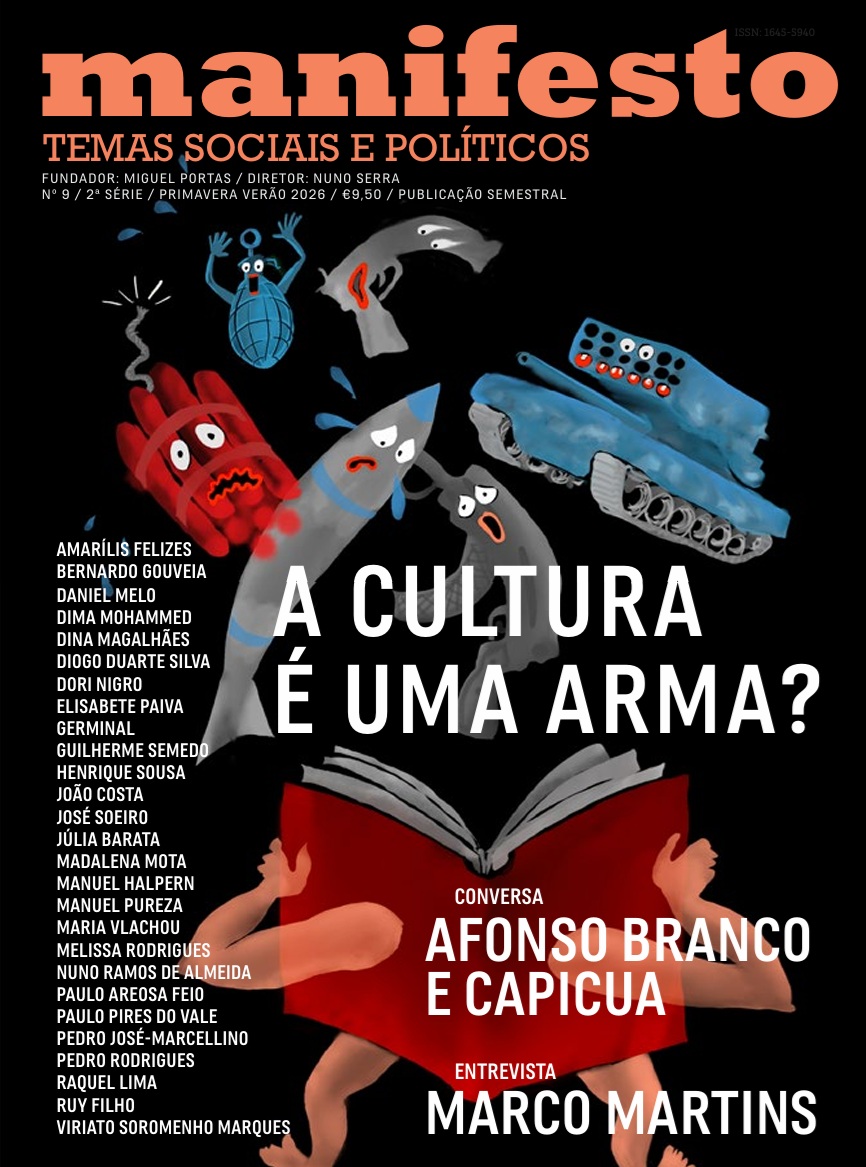 Revista Manifesto Nº9: A Cultura é uma Arma? Capa da revista Manifesto com ilustração de armas animadas e duas mãos segurando um livro vermelho aberto