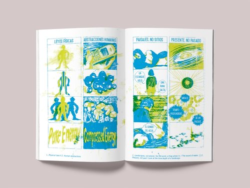 Spookytongue Revista aberta com quadrinhos em azul, verde e amarelo com textos em espanhol