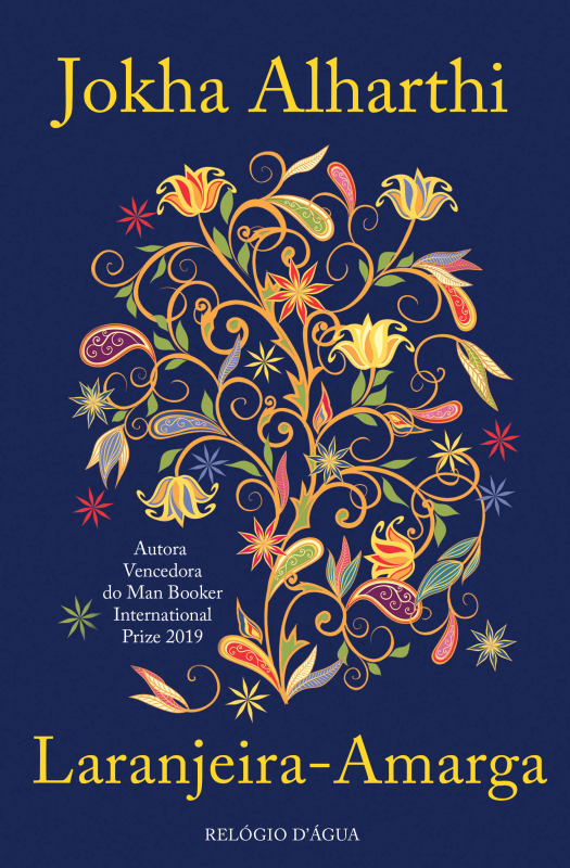 Laranjeira-Amarga Capa de livro azul escuro com título, nome da autora e ilustração floral colorida.