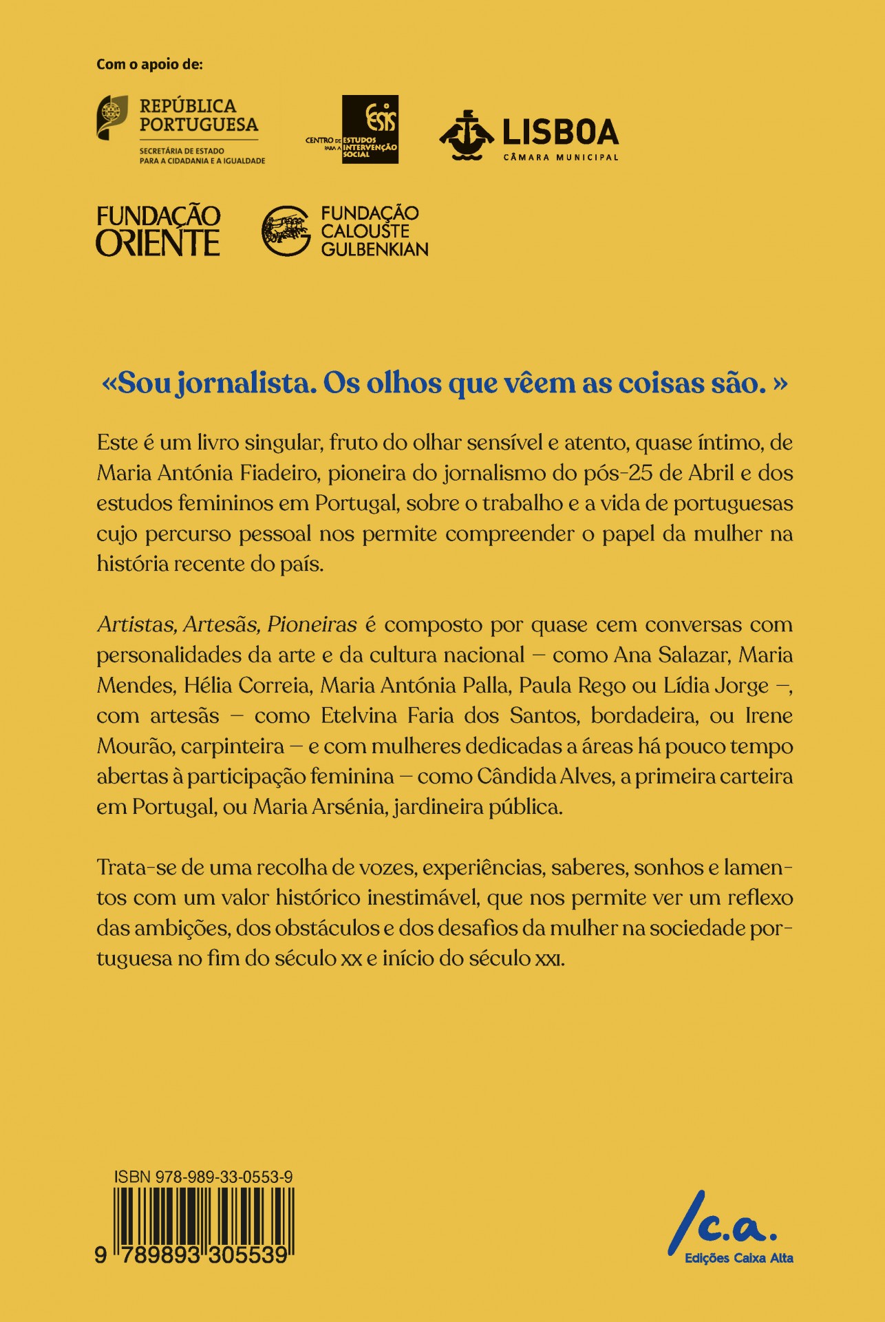 Artistas, Artesãs, Pioneiras (nova edição) Contracapa amarela de livro com texto descritivo, frases em destaque e logos institucionais na parte superior.
