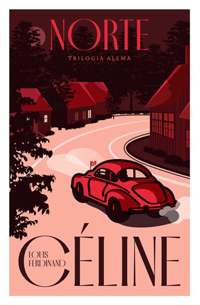 NORTE Capa de livro com ilustração de carro clássico vermelho e casas tradicionais