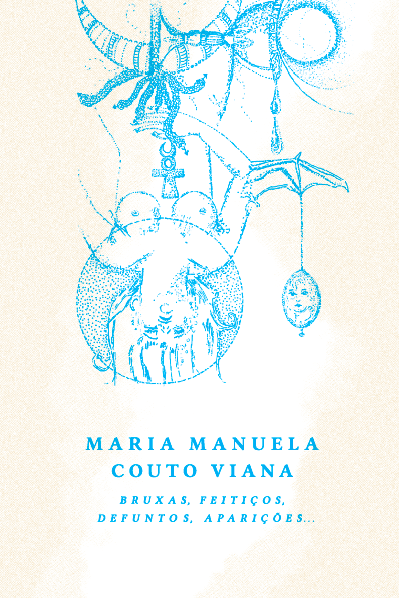 Bruxas, Feitiços, Defuntos, Aparições… Capa de livro com ilustrações simbólicas em azul e texto em português.