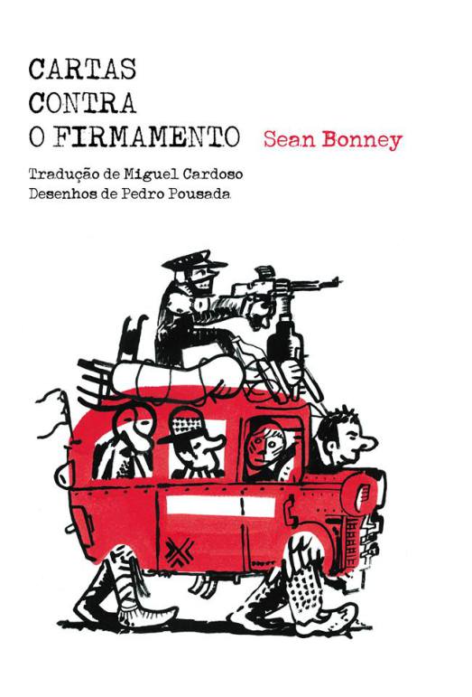 Cartas Contra o Firmamento Capa de livro com título 'CARTAS CONTRA O FIRMAMENTO' e ilustração de veículo vermelho carregado por pessoas.