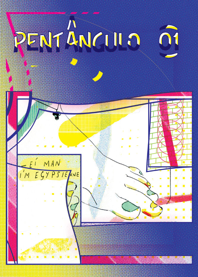 Pentângulo #1 Arte gráfica colorida com texto e uma mão desenhada em estilo abstrato