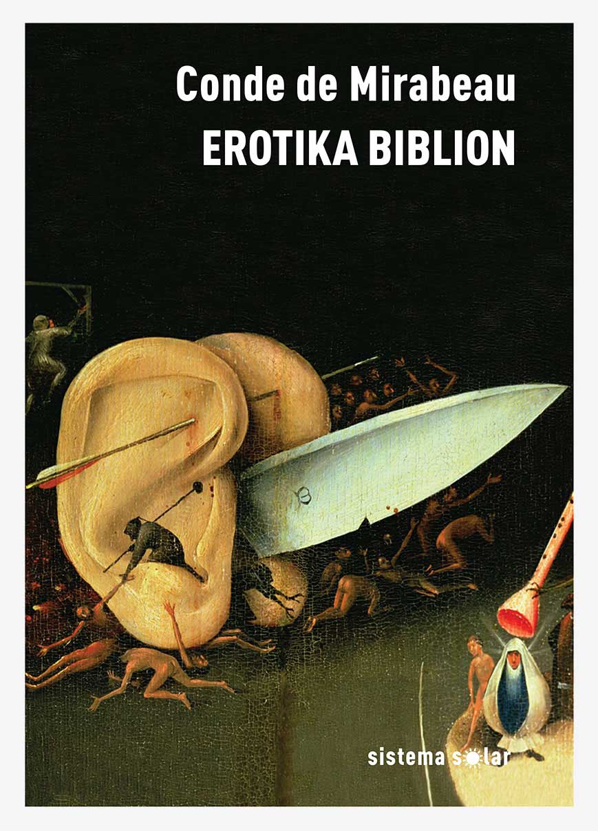 Erotika Biblion Capa de livro com arte surrealista de orelhas e faca com texto branco no fundo preto.