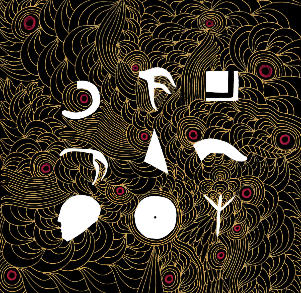 Arnaldo Trindade lê Arnaldo Trindade Fundo abstrato preto com padrões dourados e formas geométricas brancas e vermelhas