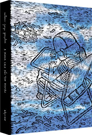 A Minha Casa Não Tem Dentro Capa de livro com ilustração de criança a desenhar sentada na cadeira, em tons azul e branco