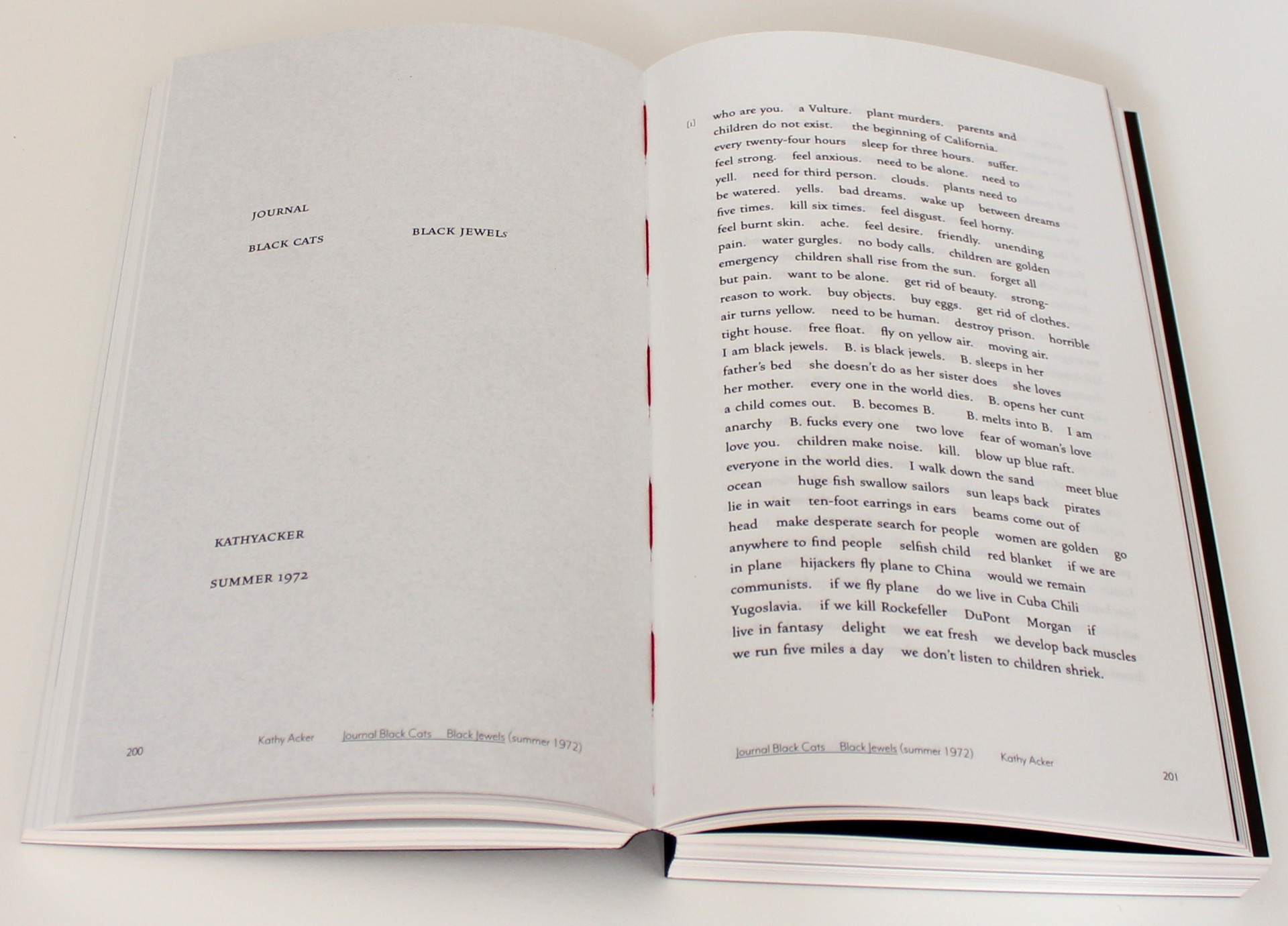 Kathy Acker (1971-1975) Livro aberto com texto impresso em português em páginas brancas