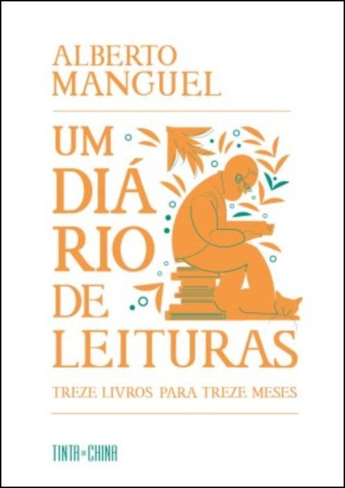 Um Diário de Leituras Capa do livro Um Diário de Leituras de Alberto Manguel com ilustração laranja