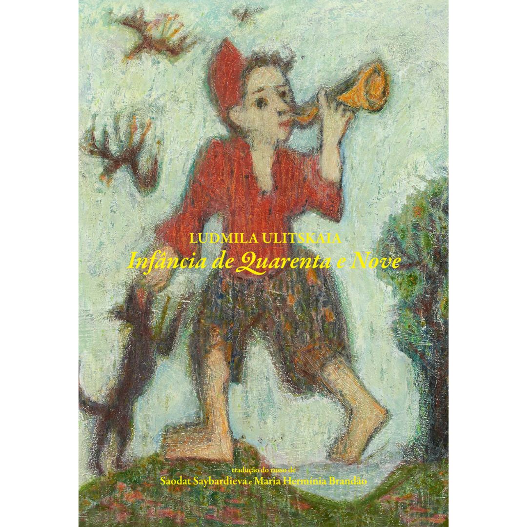 Infância de Quarenta e Nove Capa de livro com ilustração de menino a tocar corno, texto de título em amarelo e branco