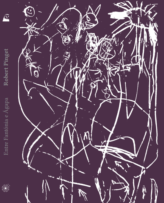 Entre Fantónia e Ágapa Capa de livro roxa com desenhos brancos e texto vertical e frontal.