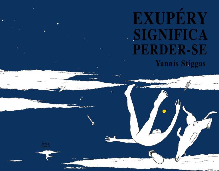 Exupéry Significa Perder-se Capa de livro azul com figura humana e cão caindo entre nuvens brancas e texto em preto.