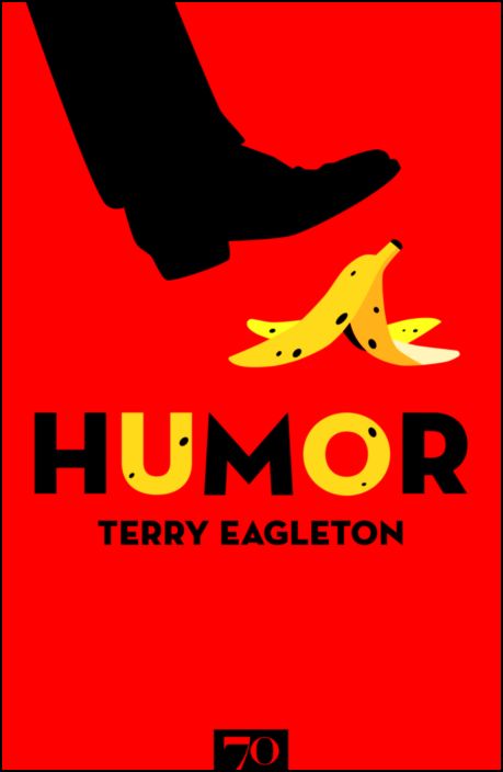 Humor Capa de livro vermelha com sapato preto a pisar casca de banana e texto Humor Terry Eagleton