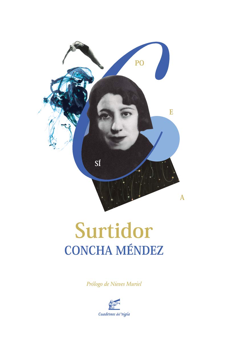 Surtidor Capa de livro com fotografia de mulher e elementos gráficos abstratos em azul e preto