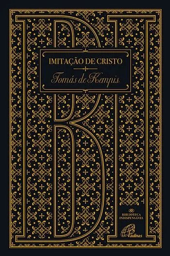 Imitação de Cristo Capa de livro preta com padrão dourado e texto 'IMITAÇÃO DE CRISTO Tomás de Kempis'