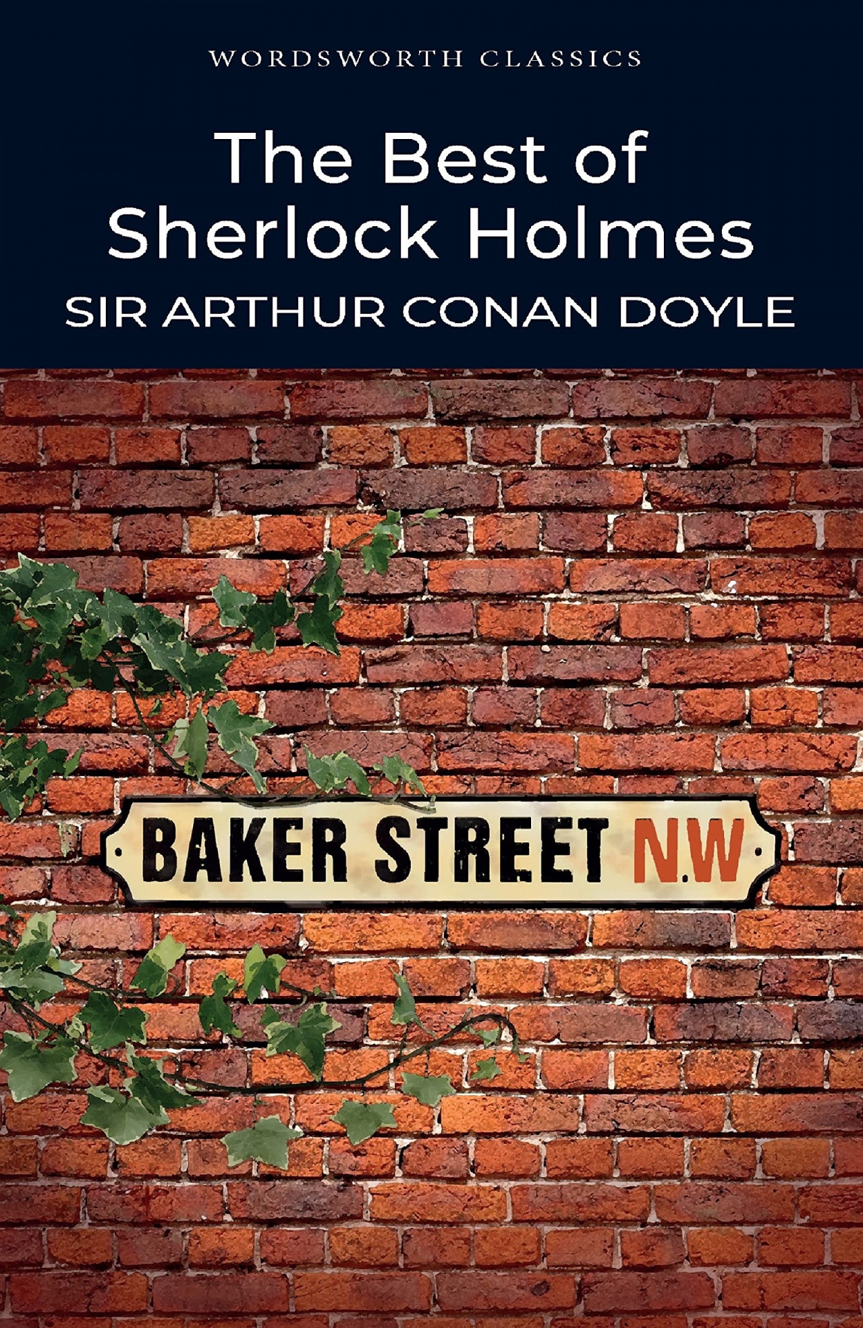The Best of Sherlock Holmes Capa de livro com tijolos vermelhos, placa 'BAKER STREET N.W.' e texto 'The Best of Sherlock Holmes'