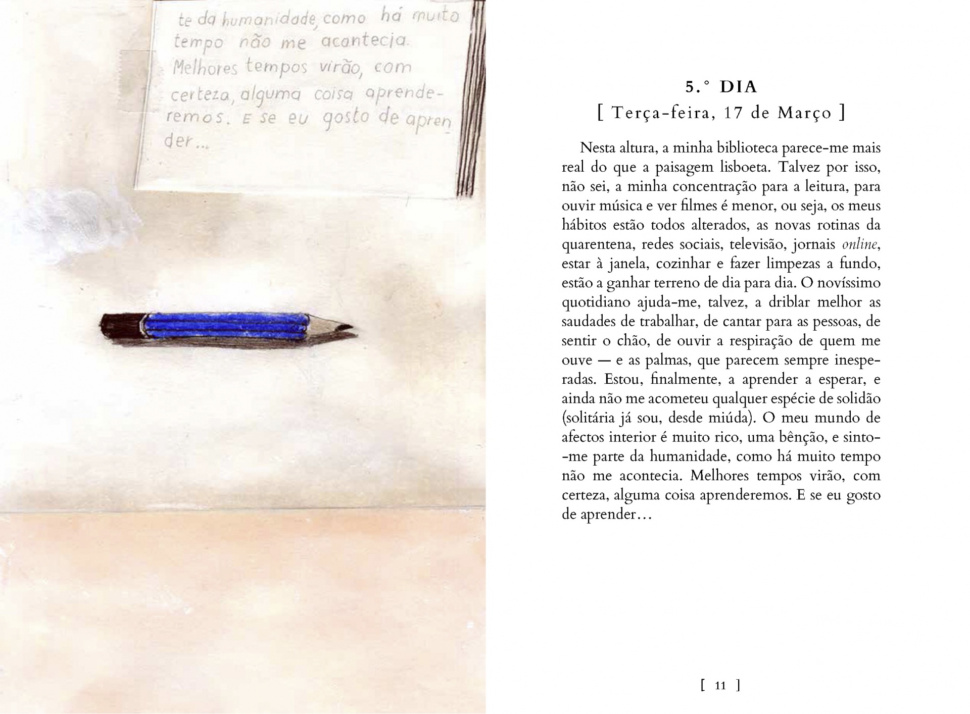 Cadernos 20/21: Manual Anti-angústia - Aldina Duarte Página de livro com texto em português e caneta azul e preta colocada sobre a página