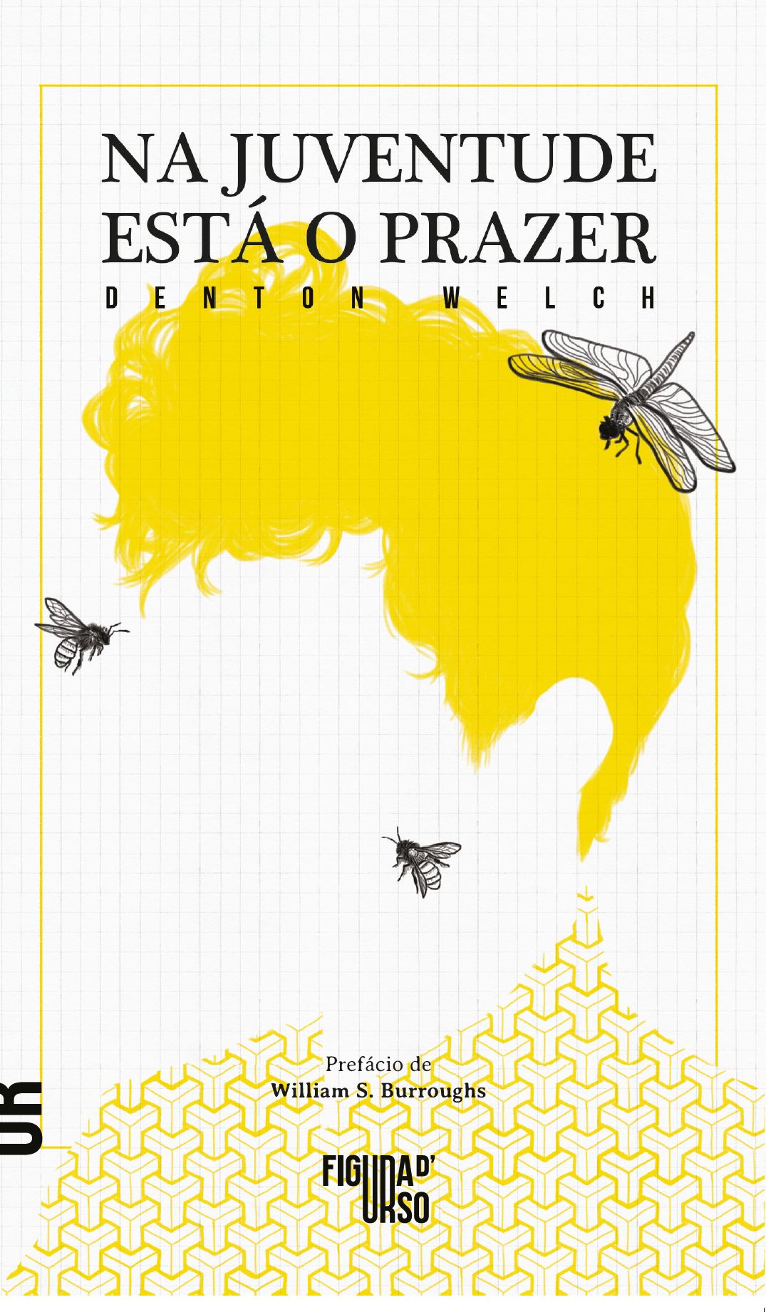 Na Juventude Está o Prazer Capa de livro na juventude está o prazer com ilustração de cabeça amarela, abelhas, libélula e padrão geométrico amarelo