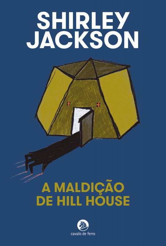 A Maldição de Hill House Capa de livro azul com casa amarela e preto, título em branco e amarelo