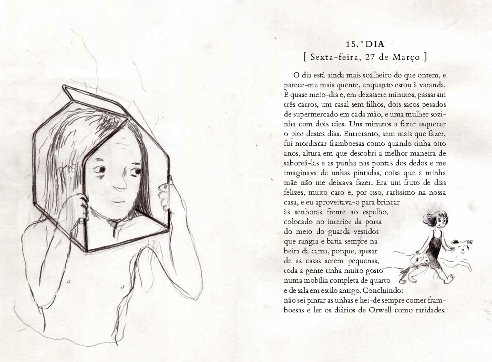 Cadernos 20/21: Manual Anti-angústia - Aldina Duarte Desenho preto e branco de rapariga com caixa irregular à volta da cabeça e texto em português sobre um dia chuvoso.