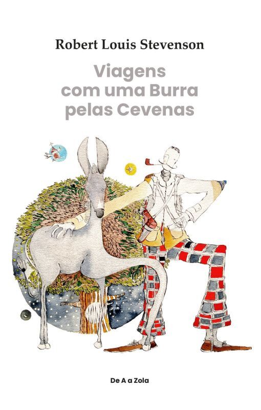 Viagens com uma Burra pelas Cevenas Capa de livro com título, ilustração de homem e burra e selo editorial