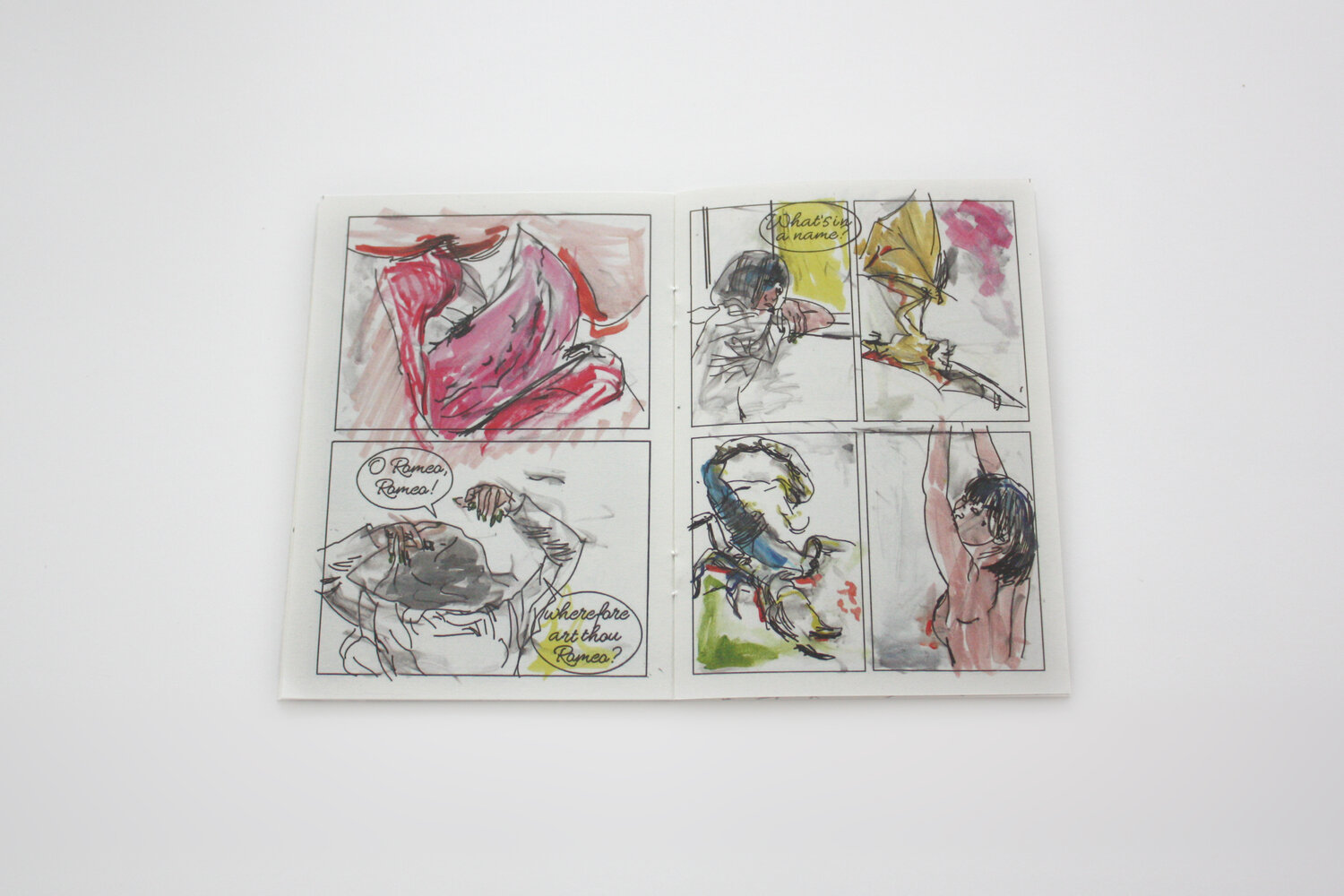 mini kuš! #87 ‘Violent Delights’ Livro aberto com quatro quadrantes de ilustrações coloridas e texto manuscrito