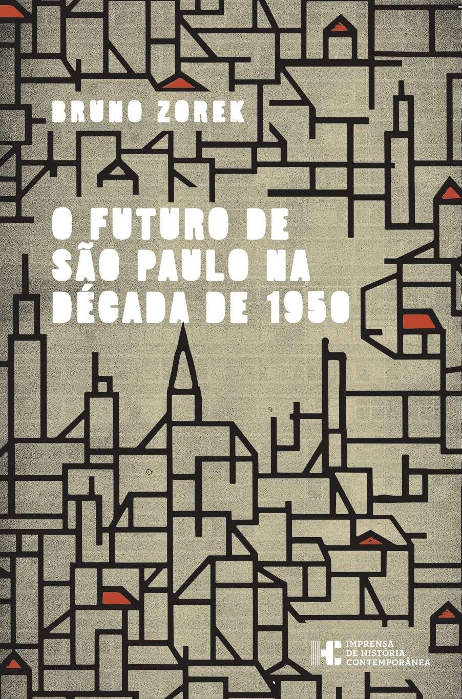 O Futuro de São Paulo na Década de 1950 Capa de livro cinza com padrão geométrico preto e texto branco.