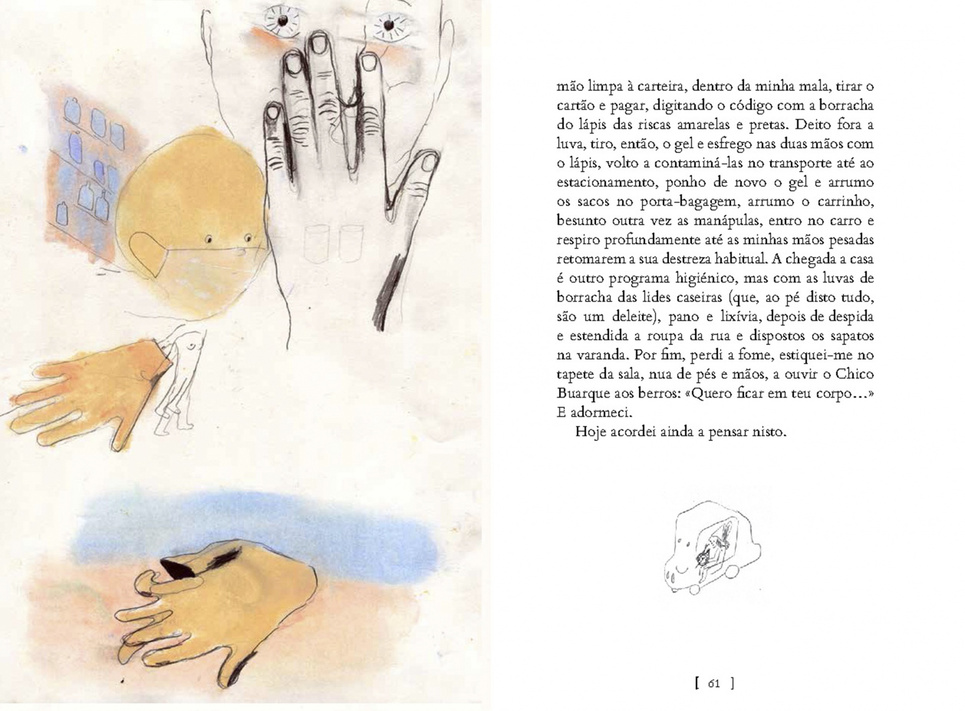 Cadernos 20/21: Manual Anti-angústia - Aldina Duarte Ilustração de mãos e texto em português num livro aberto com desenho de crânio pequeno no canto
