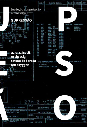 Supressão Capa preta de livro com desenhos técnicos e texto branco grande e pequeno