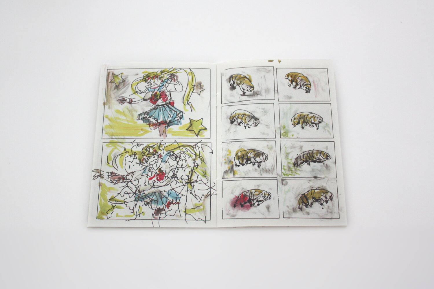 mini kuš! #87 ‘Violent Delights’ duas folhas com ilustrações de animes e estudo de movimento de animal