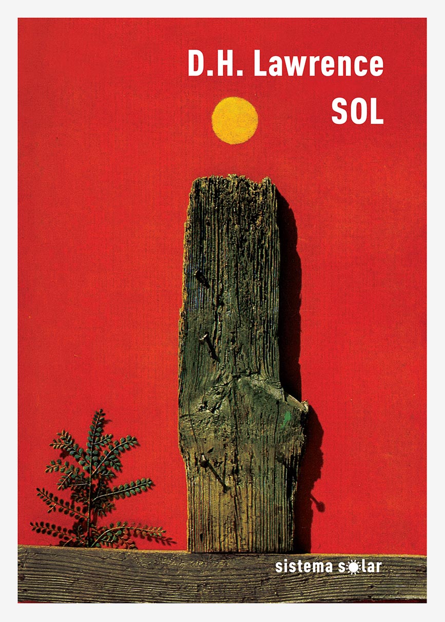 O Sol Livro 'SOL' de D.H. Lawrence com capa vermelha, madeira vertical e círculo amarelo