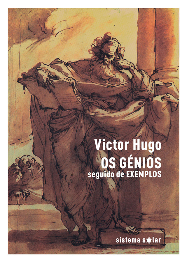 Os Génios seguido de Exemplos Capa do livro 'Os Génios' de Victor Hugo com ilustração artística em tons castanhos