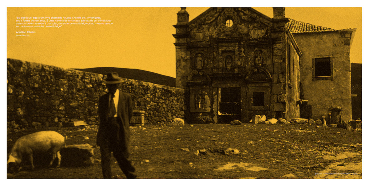 As casas: Romarigães e Outras Histórias Figura humana e porcos em terreno com edifício antigo em pedra ao fundo
