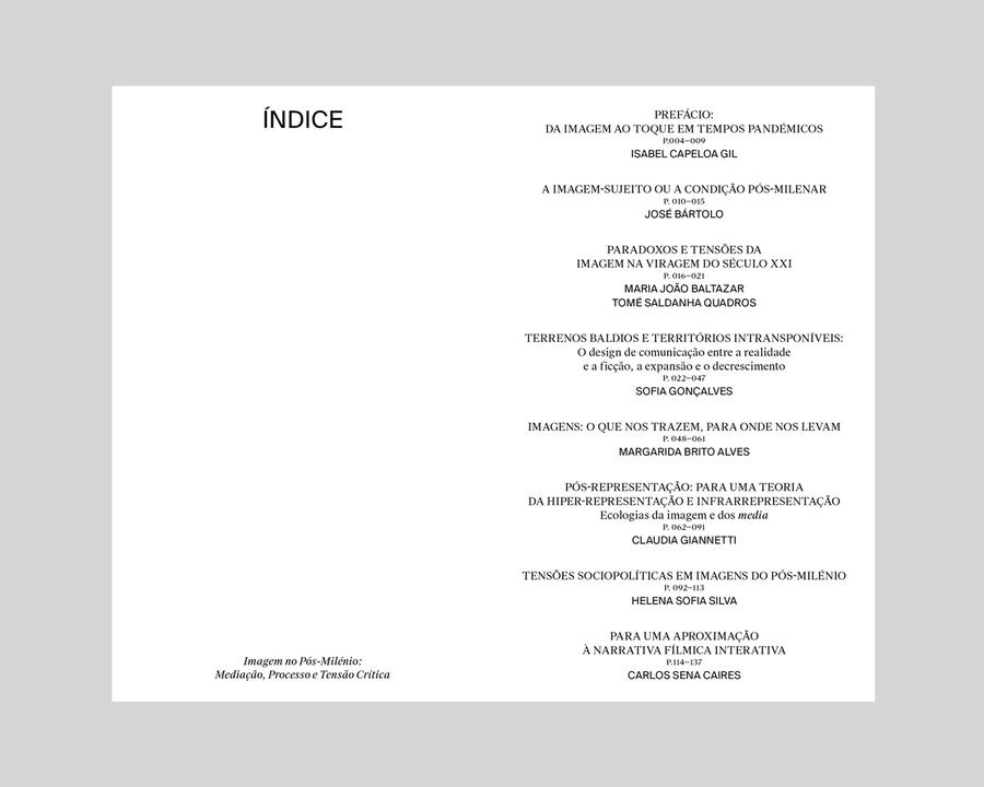 Imagem no Pós-Milénio: Mediação, Processo e Tensão Crítica Página de índice de livro com texto em português sobre diversos artigos e autores