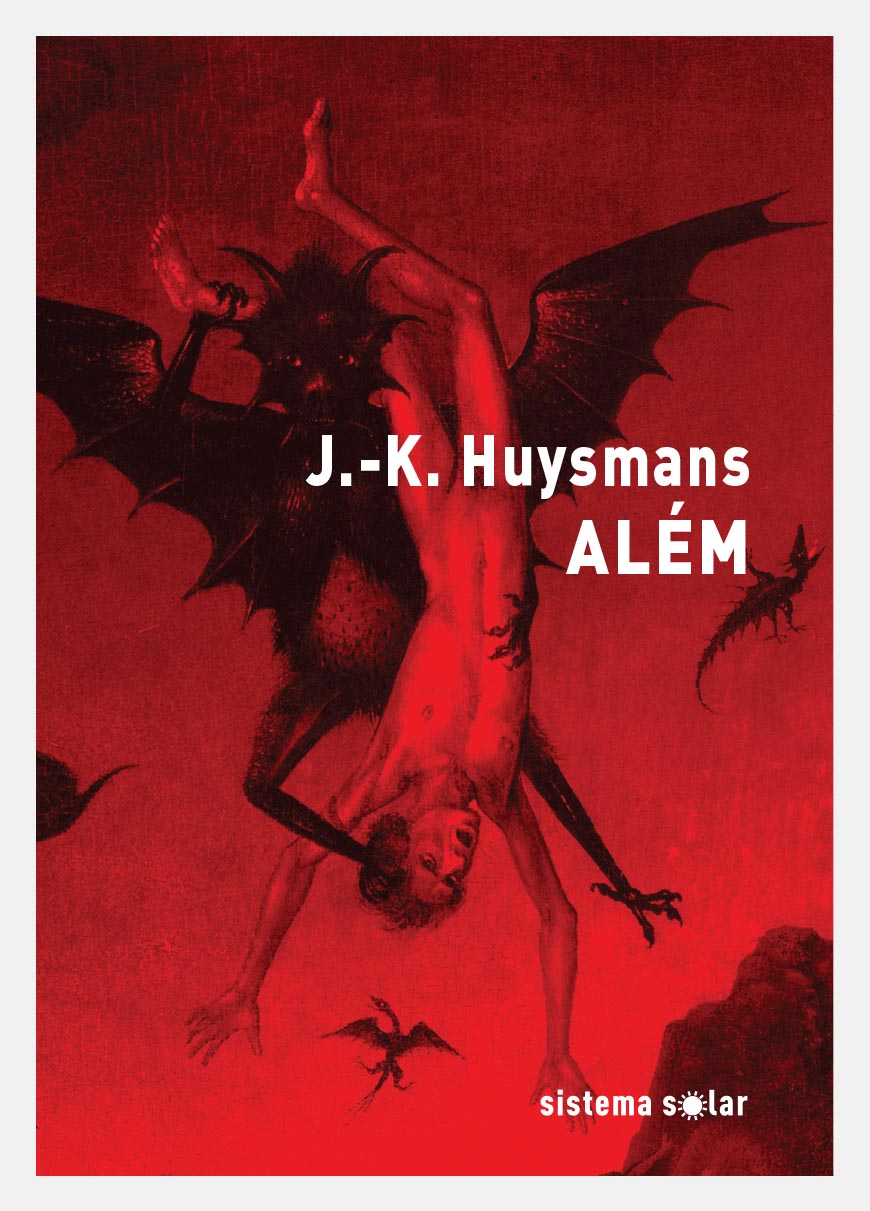 ALÉM Capa de livro vermelha com figura demoníaca negra segurando homem nu de cabeça para baixo