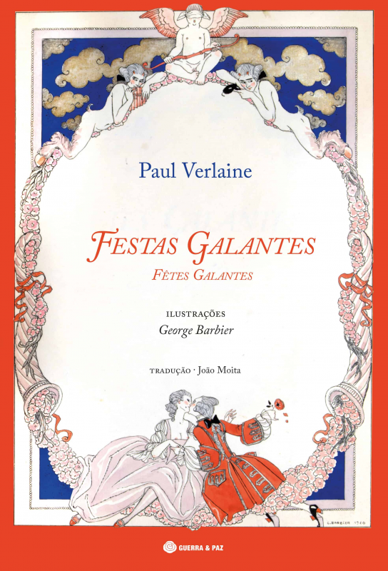 Festas Galantes / Fêtes Galantes Capa de livro ilustrada com anjos, figuras vestidas em estilo antigo e texto em português e francês