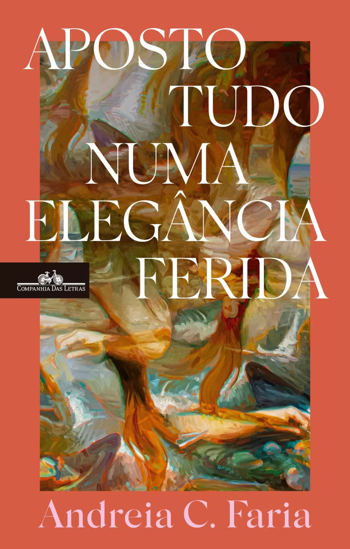 Aposto tudo numa elegância ferida Capa de livro com fundo salmão e título em branco sobre pintura abstrata colorida.