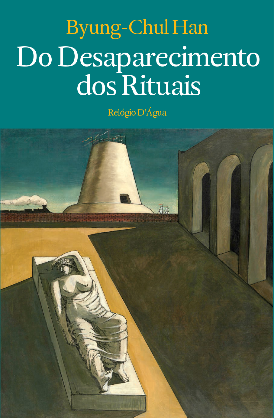 Do Desaparecimento dos Rituais Capa de livro com ilustração de estátua e arquitetura antiga em fundo verde