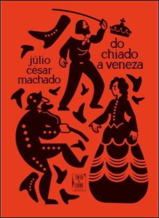 Do Chiado a Veneza Capa vermelha de livro com figuras humanas pretas e texto em português.