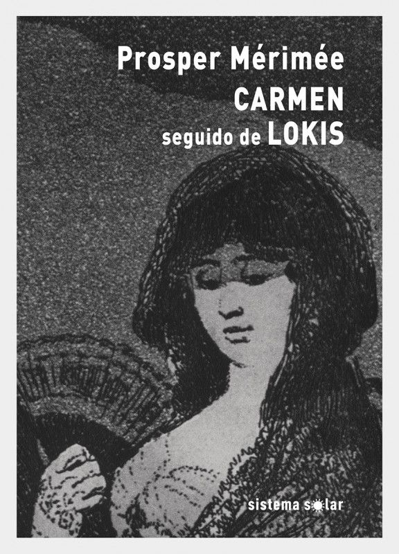 Carmen seguido de Lokis Capa de livro cinzenta com desenho de mulher e texto em branco.