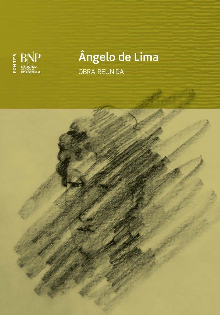 Ângelo de Lima: obra reunida Capa de livro verde e bege com desenho a carvão de rosto e texto branco Ângelo de Lima OBRA REUNIDA